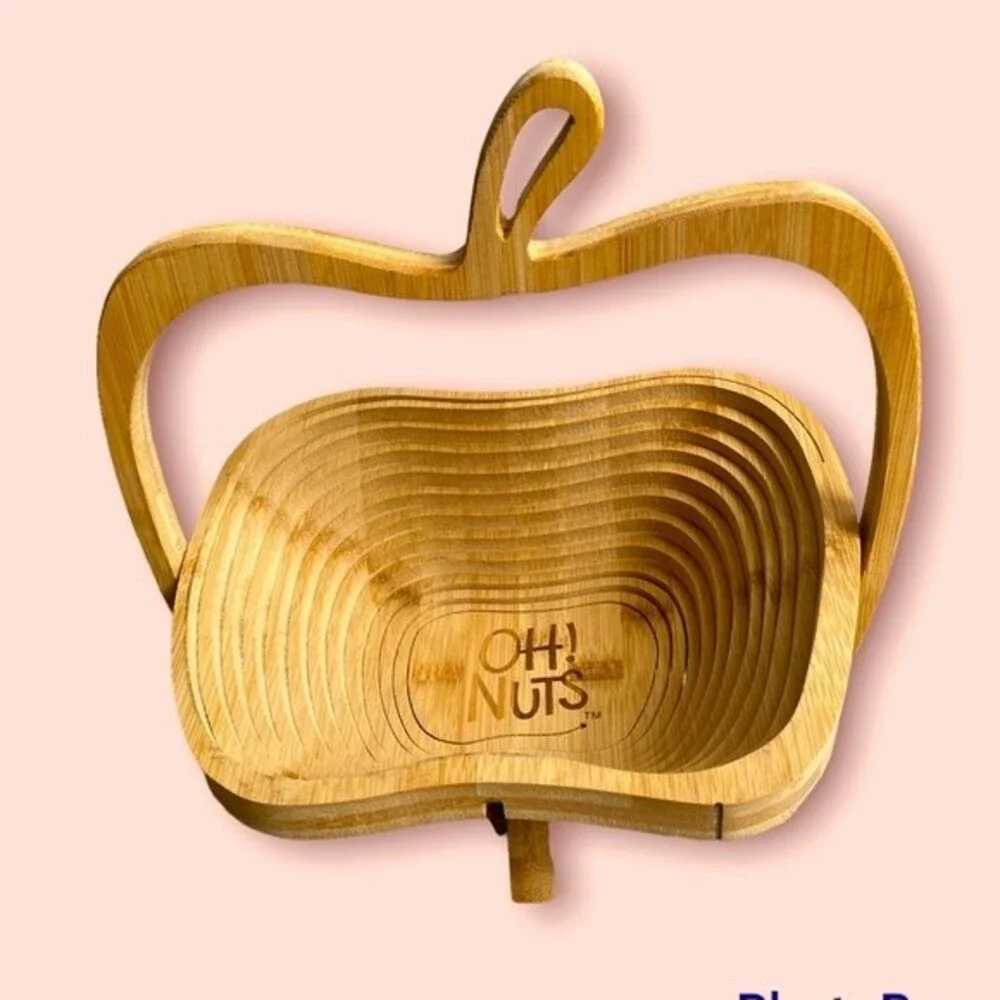 Oh Nuts Apple Bamboo shaped collapsible wooden fruit basket 12x10 new